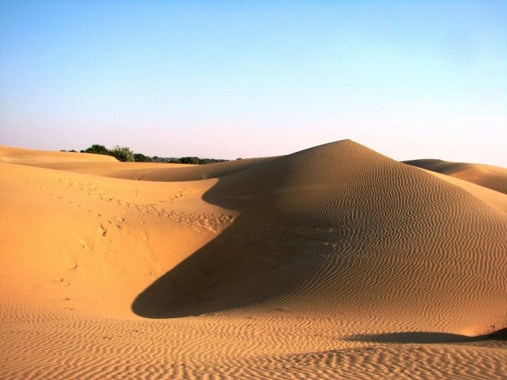 Jaisalmer camel safari - shadows on the sand dunes