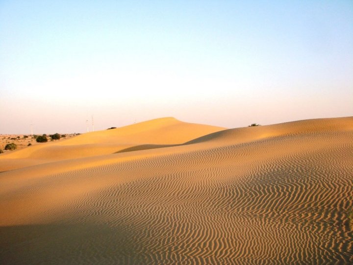 Jaisalmer camel safari - golden sand dunes as the sun sets